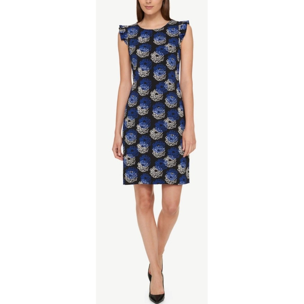 Tommy Hilfiger Sheath Dress Womens 12‎ Blue Black Floral Ruffle Sleeve